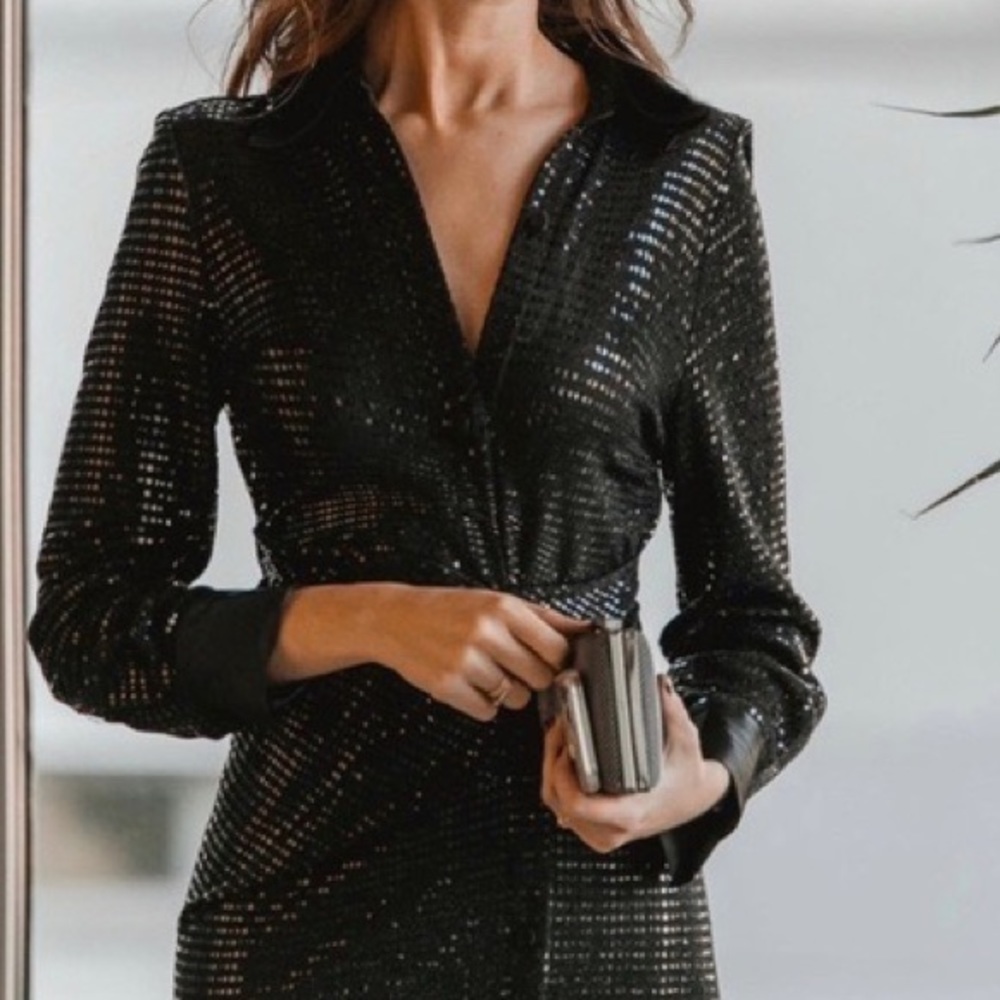 ZARA Black Sparkly Shirt Long Sleeve Dress - Picture 7 of 7